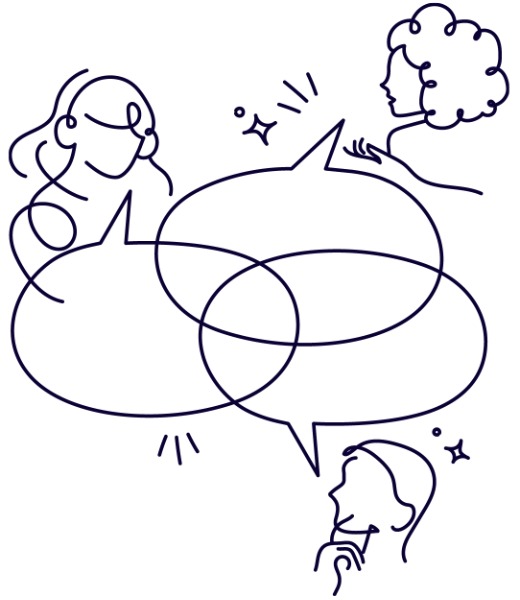 sktech of three people talking with speech bubbles overlapping
