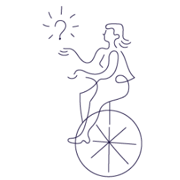sketch of woman on unicycle with ? in her hand