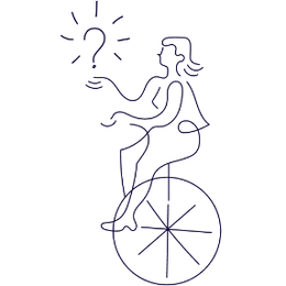 sketch of woman on unicycle with ? in her hand