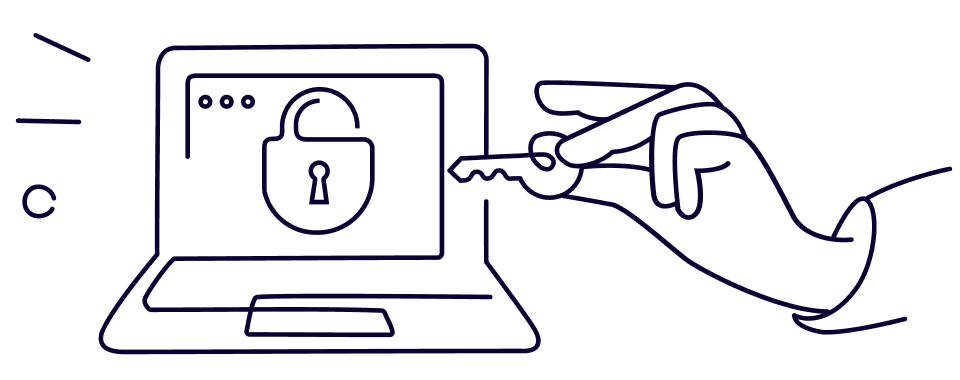 Line drawing of a hand holding a key toward a laptop screen with an open padlock