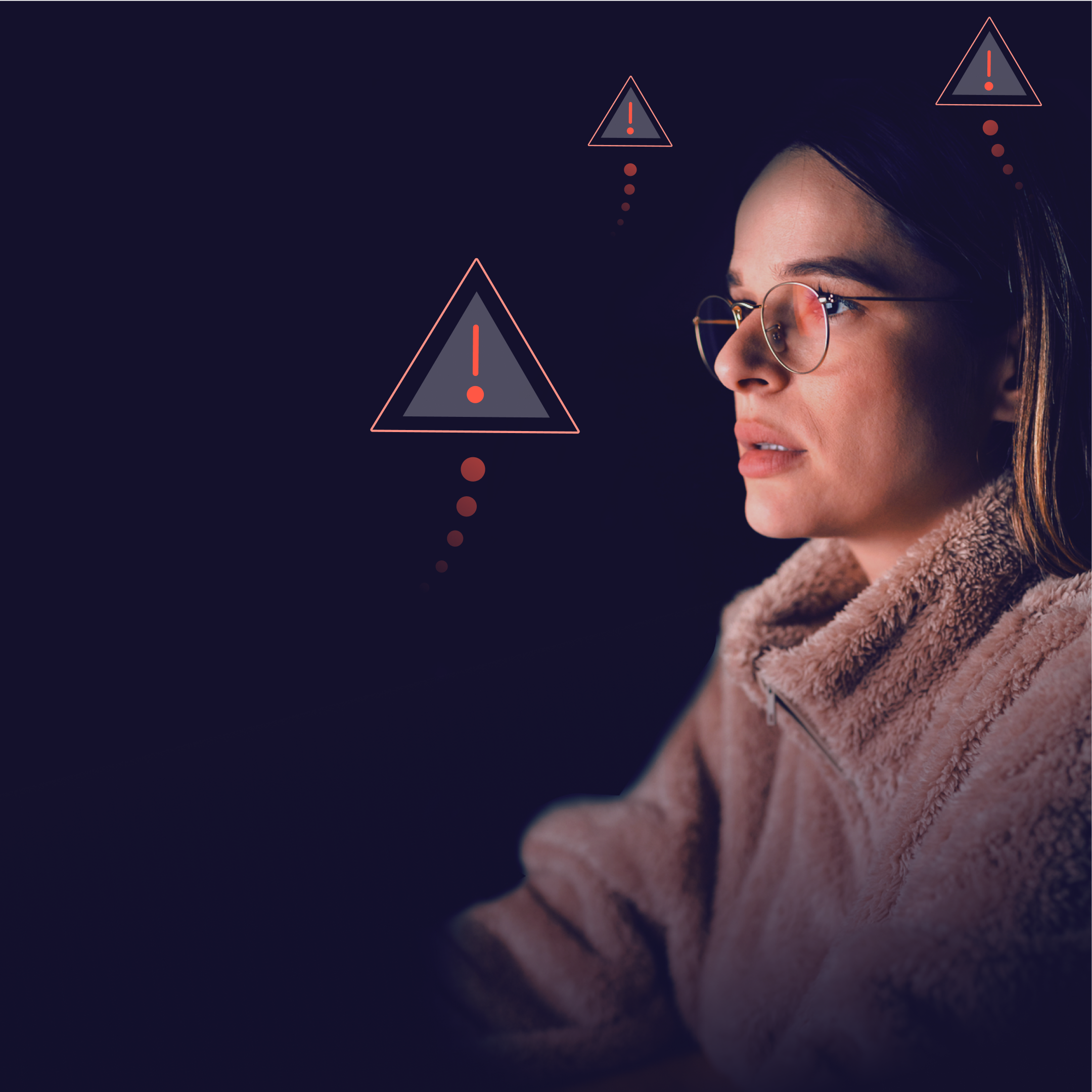 Woman looking at a screen with a concerned expression, surrounded by warning icons with exclamation marks