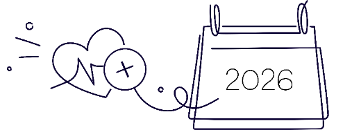 Line drawing of a heart with a plus symbol next to a desk calendar labeled 2026.
