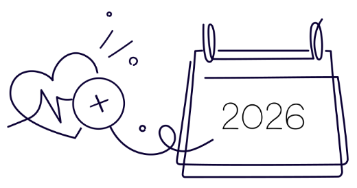 Line drawing of a heart with a plus symbol next to a desk calendar labeled 2026.