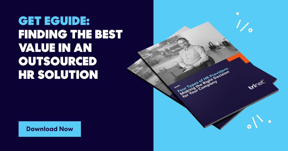 Graphic with the headline ‘Get eGuide: Finding the Best Value in an Outsourced HR Solution’ alongside an image of a downloadable guide titled ‘Four Types of HR Providers: Making the Right Decision for Your Company’ and a button labeled ‘Download Now.’