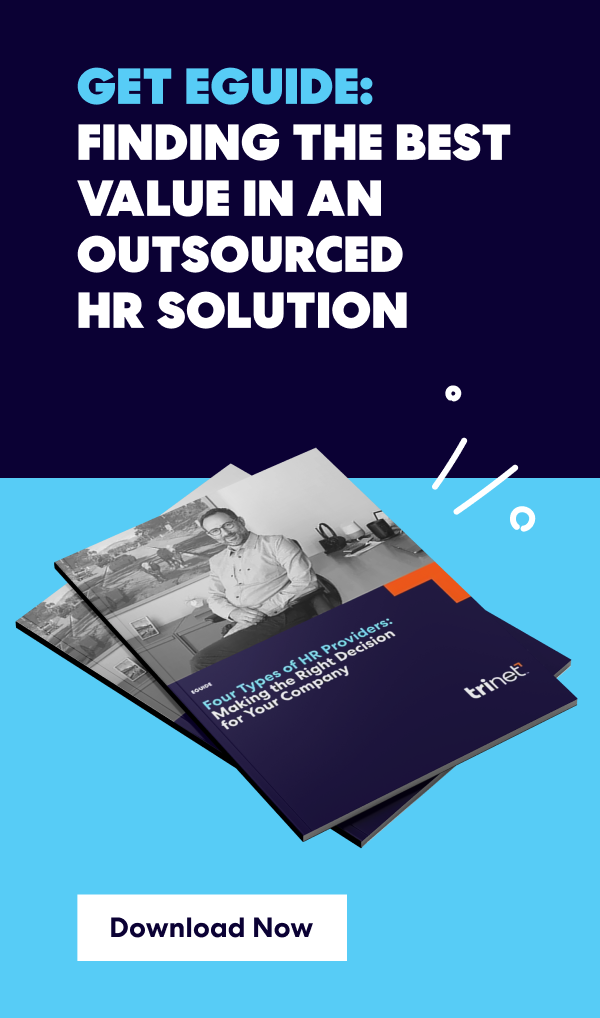 Graphic with the headline ‘Get eGuide: Finding the Best Value in an Outsourced HR Solution’ alongside an image of a downloadable guide titled ‘Four Types of HR Providers: Making the Right Decision for Your Company’ and a button labeled ‘Download Now.’