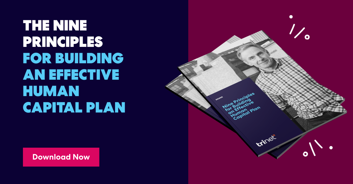 Graphic with the headline ‘The Nine Principles for Building an Effective Human Capital Plan’ alongside an image of a downloadable guide titled the same  and a button labeled ‘Download Now.’