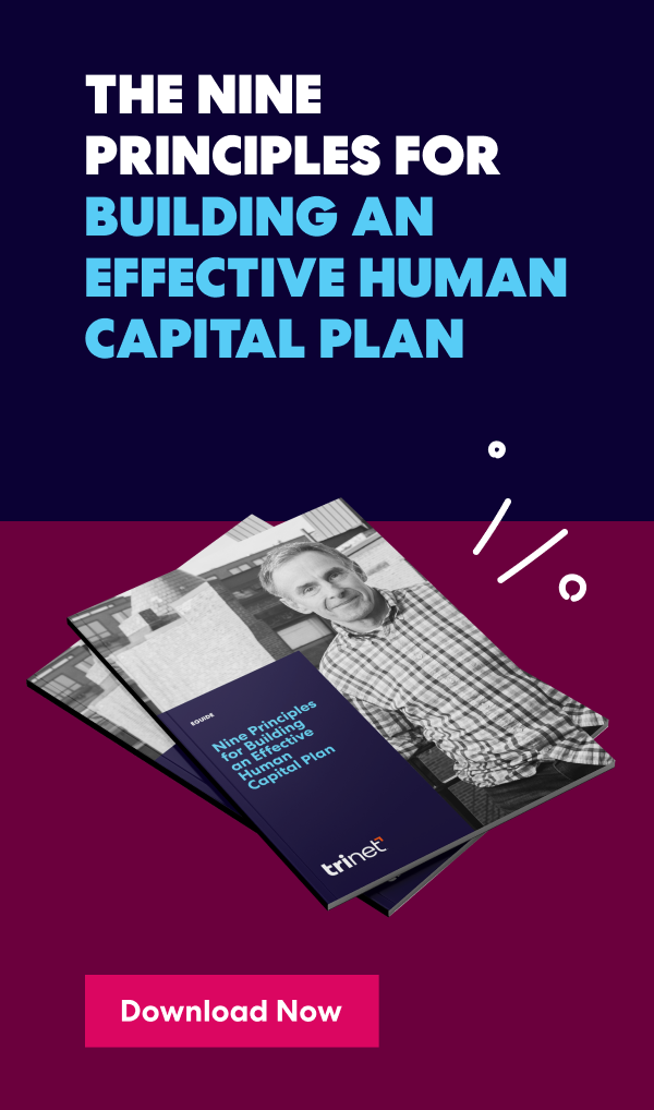 Graphic with the headline ‘The Nine Principles for Building an Effective Human Capital Plan’ alongside an image of a downloadable guide titled the same  and a button labeled ‘Download Now.’