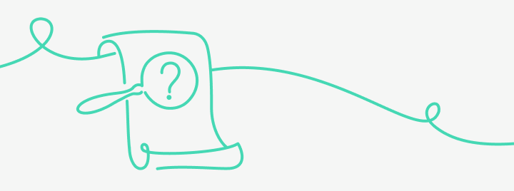 Teal line drawing of a scroll with a question mark, connected to a winding line that loops across the image