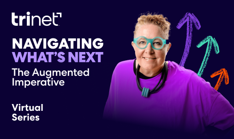 Graphic for TriNet's 'Navigating What's Next' virtual series. Features a person in a purple shirt with colorful arrows on a dark blue background.