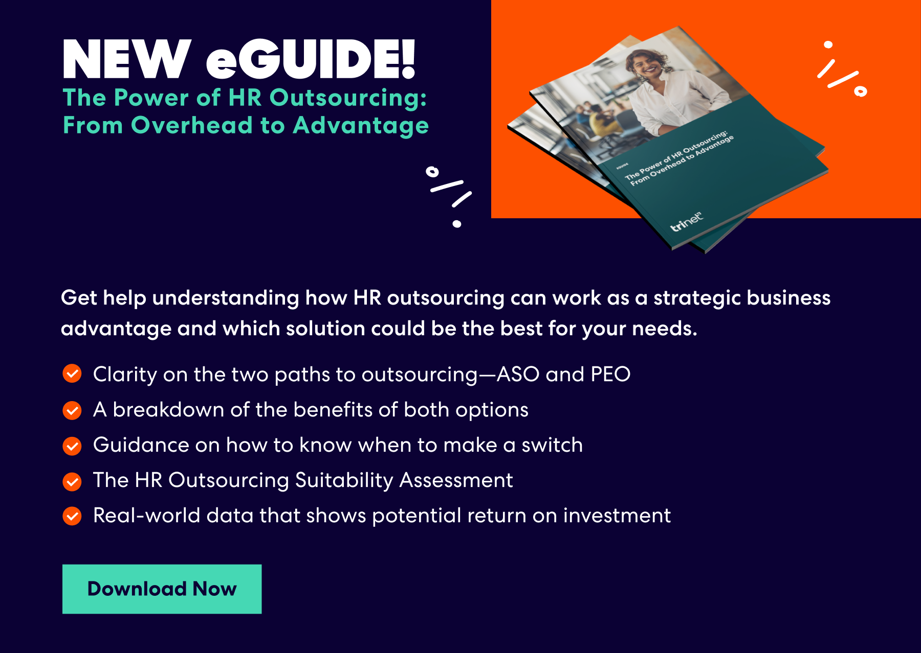 Banner for eGuide 'The Power of HR Outsourcing: From Overhead to Advantage' with key points on ASO vs. PEO, benefits, switching guidance, ROI data, and a 'Download Now' button.