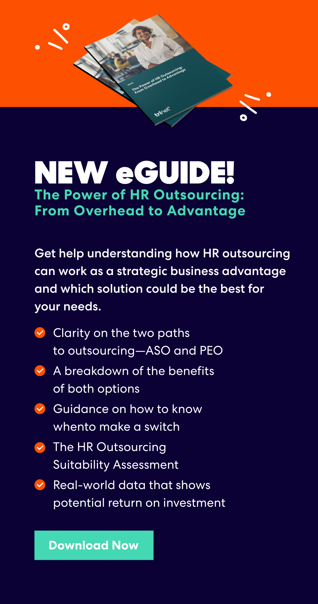 Banner for eGuide 'The Power of HR Outsourcing: From Overhead to Advantage' with key points on ASO vs. PEO, benefits, switching guidance, ROI data, and a 'Download Now' button.