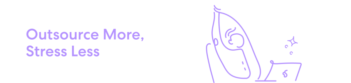 Illustration with 'Outsource More, Stress Less' and a person looking at a sparkling laptop.