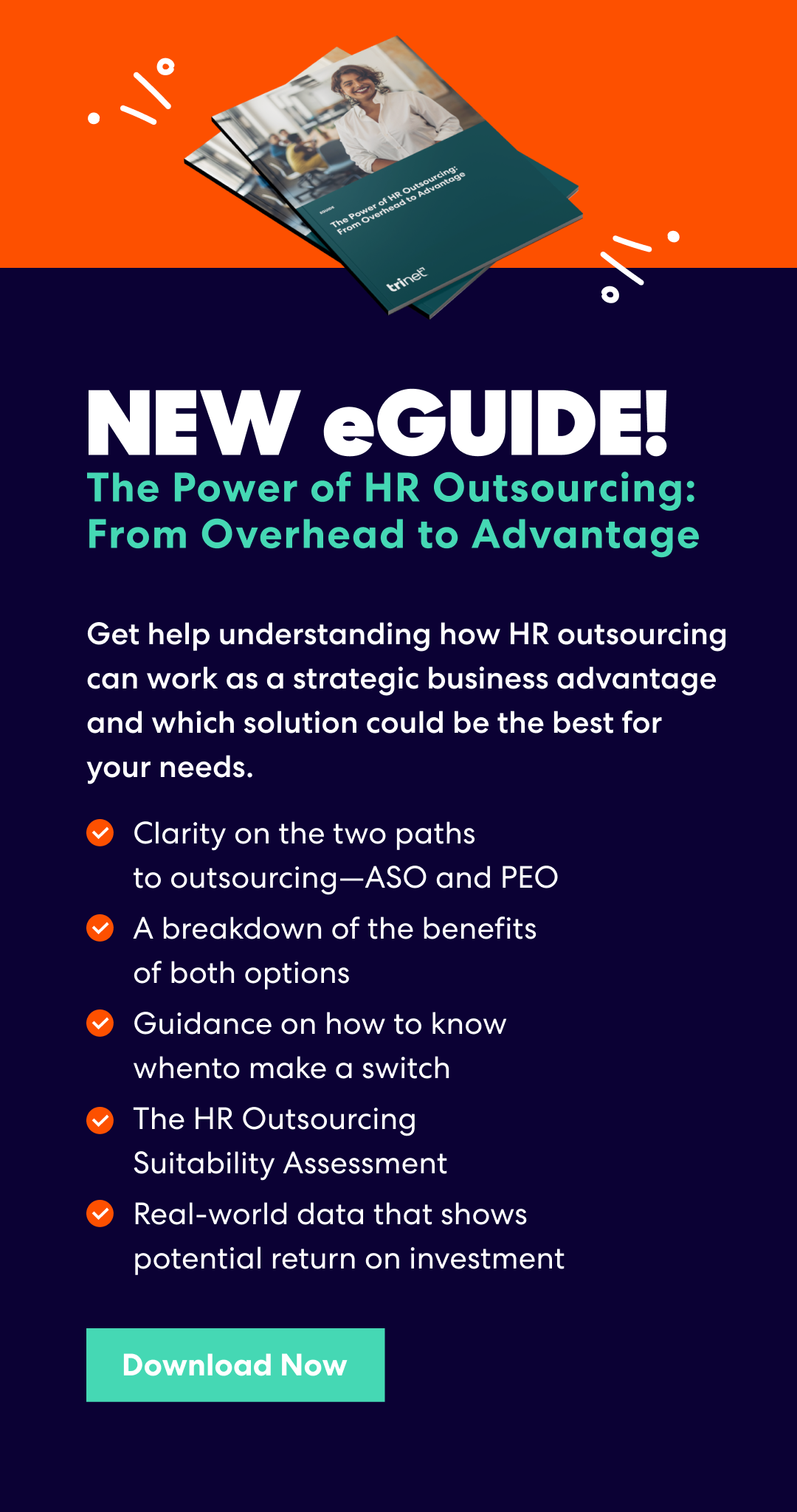 Banner for eGuide 'The Power of HR Outsourcing: From Overhead to Advantage' with key points on ASO vs. PEO, benefits, switching guidance, ROI data, and a 'Download Now' button.