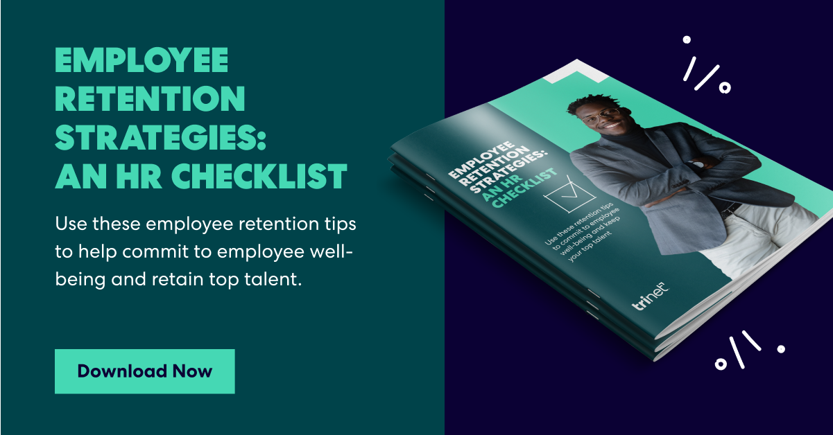 HR checklist graphic titled 'Employee Retention Strategies' with a download button and booklets featuring a confident professional. Includes trinet® logo.