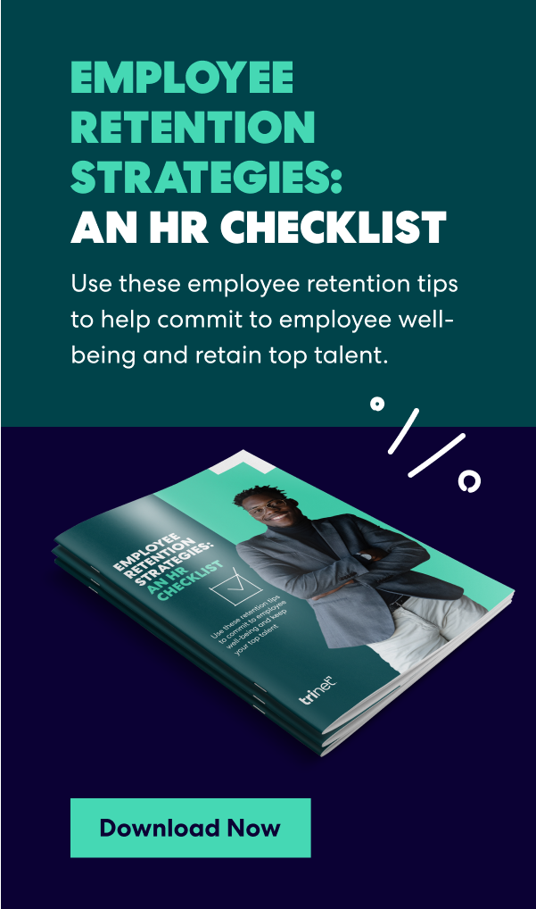 HR checklist graphic titled 'Employee Retention Strategies' with a download button and booklets featuring a confident professional. Includes trinet® logo.