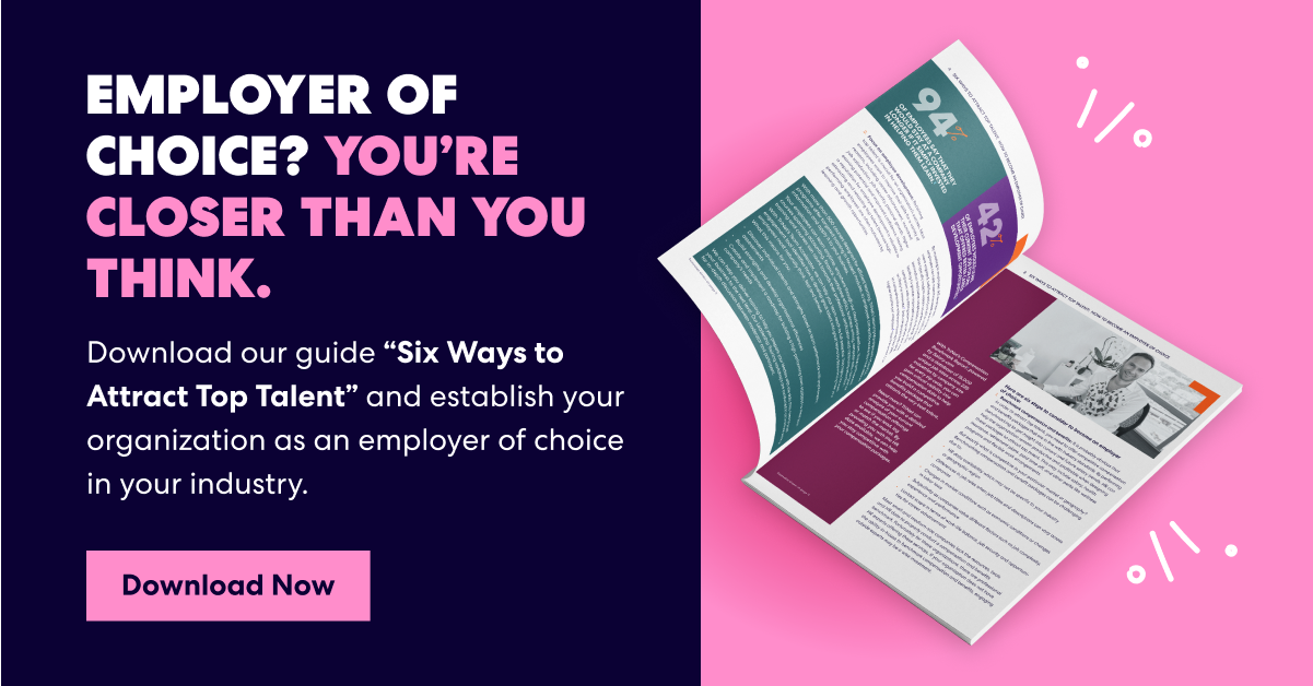 Promotional graphic for 'Six Ways to Attract Top Talent' guide with open booklet and download button.