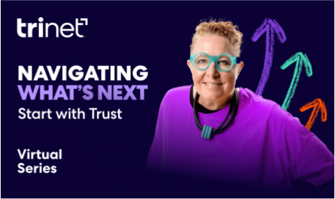 TriNet virtual series ad titled 'Navigating What's Next' with upward arrows and a person in purple.