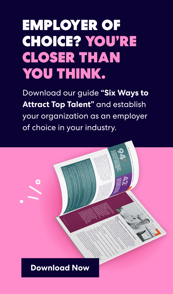Promotional graphic for 'Six Ways to Attract Top Talent' guide with open booklet and download button.