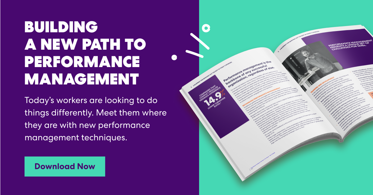 Promotional image for a performance management guide with text, a download button, and an open book showing related content and a 14.9% statistic.