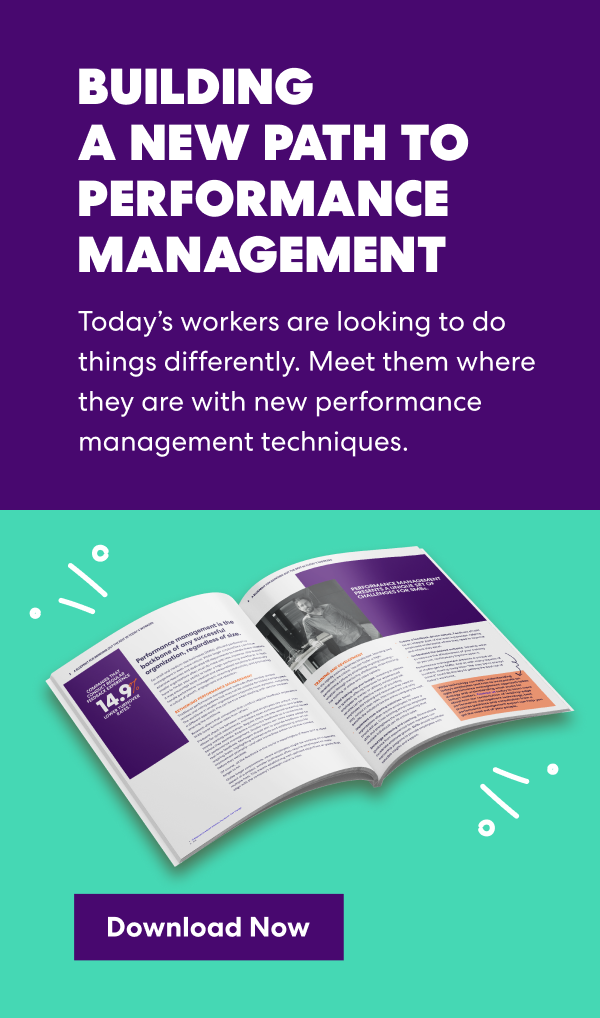 Promotional image for a performance management guide with text, a download button, and an open book showing related content and a 14.9% statistic.