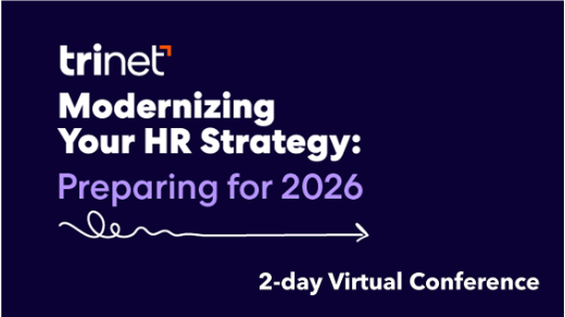 TriNet ad for 'Modernizing Your HR Strategy: Preparing for 2026' 2-day virtual conference with forward arrow graphic.