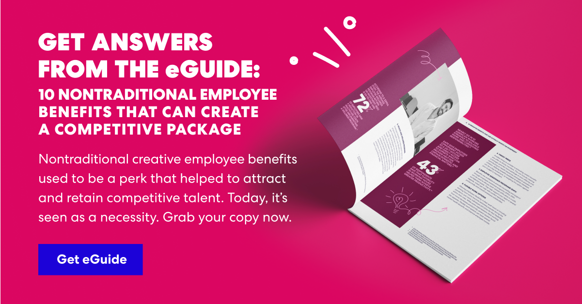 Ad for eGuide titled '10 Nontraditional Employee Benefits That Can Create a Competitive Package' with a pink background and a 'Get eGuide' button.
