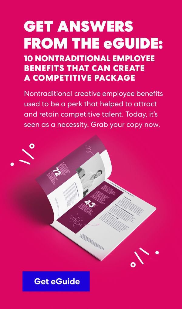 Ad for eGuide titled '10 Nontraditional Employee Benefits That Can Create a Competitive Package' with a pink background and a 'Get eGuide' button.