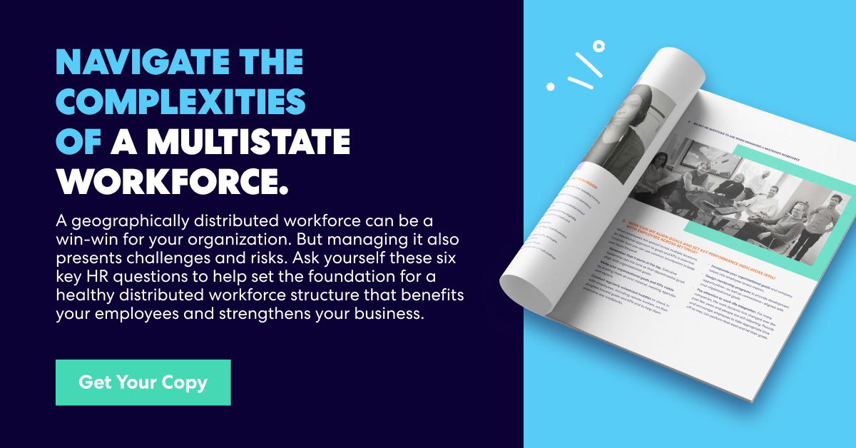 Promotional graphic with headline ‘Navigate the complexities of a multistate workforce,’ descriptive text about managing distributed teams, and a button labeled ‘Get Your Copy’ next to an open booklet.