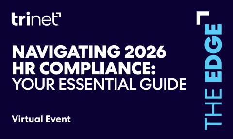 Dark blue graphic with Trinet logo and text: ‘Navigating 2026 HR Compliance: Your Essential Guide.’ Includes ‘Virtual Event’ and vertical text ‘The Edge.