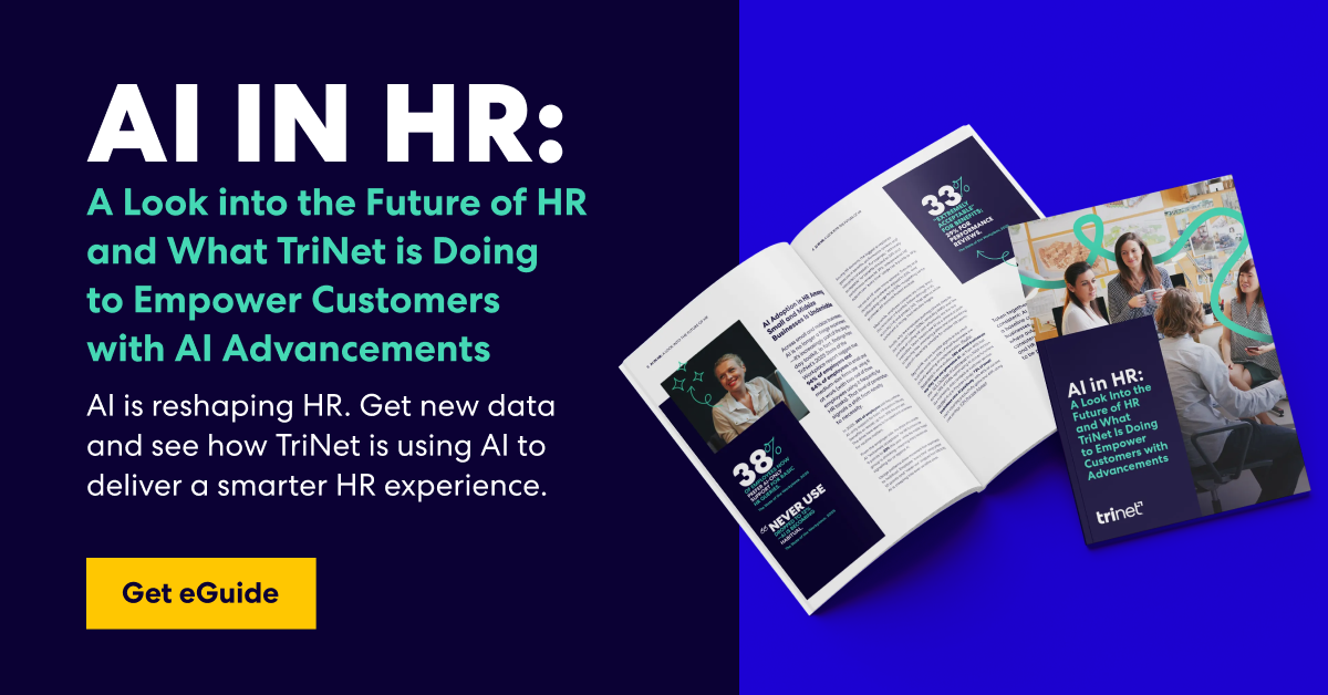 Promotional graphic for TriNet’s AI in HR eGuide, featuring bold text and an open booklet with HR-related content.