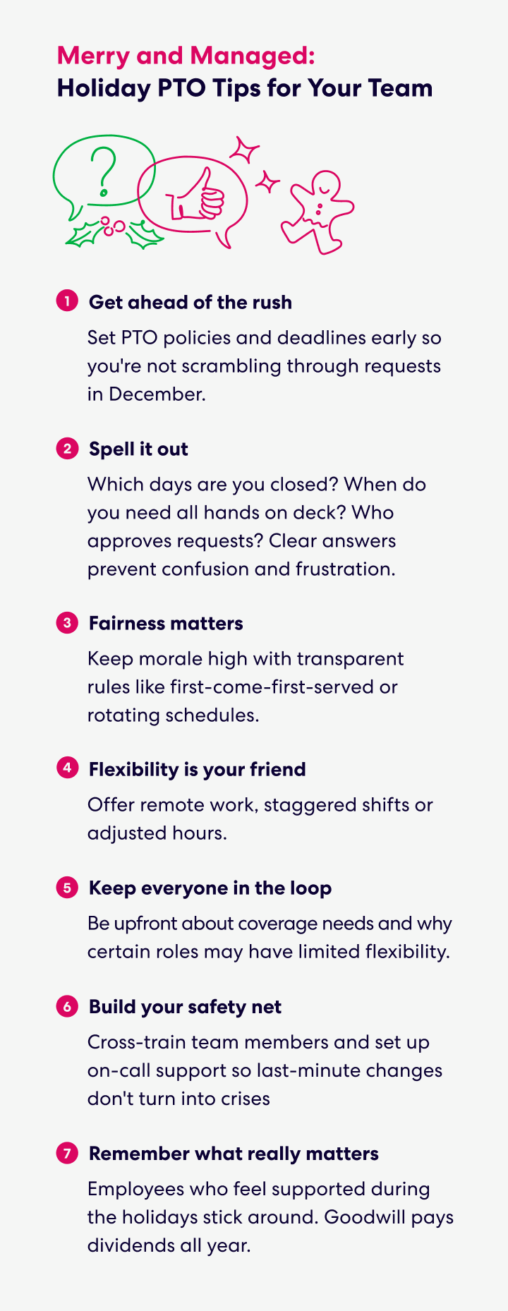 Holiday PTO tips list with seven suggestions for managing team time off during December.