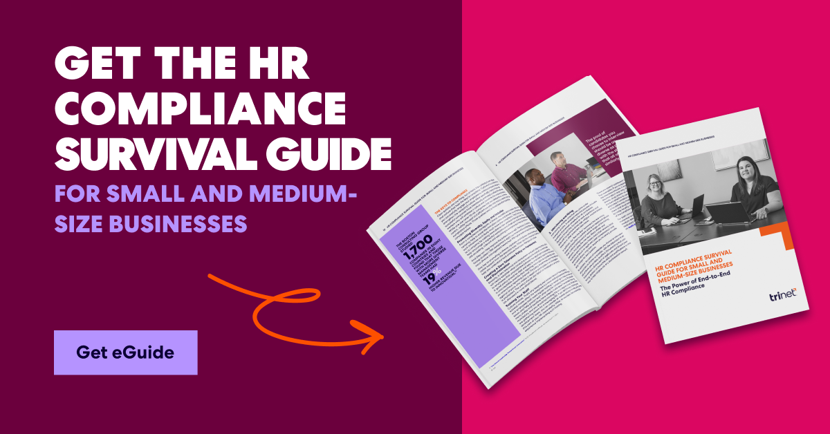 Promotional graphic for an HR Compliance Survival Guide with an open booklet and call-to-action button to get the eGuide.