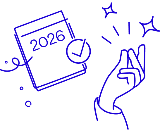Illustrated 2026 calendar icon with a checkmark and a hand gesture symbolizing readiness or completion.