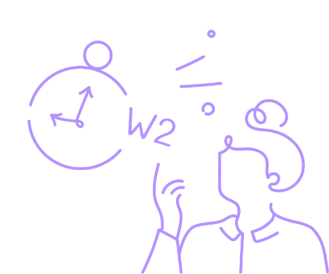 Minimalist line art of a person looking at a clock and the text ‘W2’.
